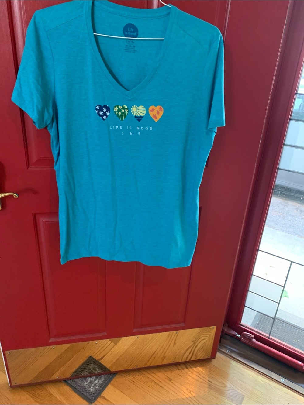 Life Is Good Teal V-Neck Tee with Multicolor Heart Motif